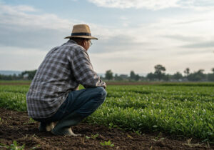 Produtor rural analisando documentos para solicitar recuperação judicial conforme art. 48 da LREF e Tema 1.145 do STJ.